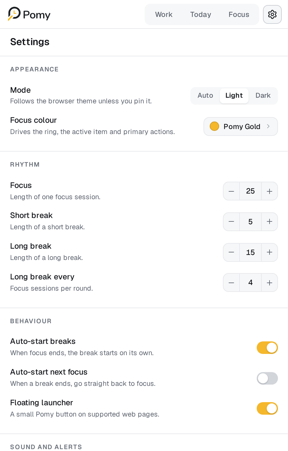 Pomy Settings screen